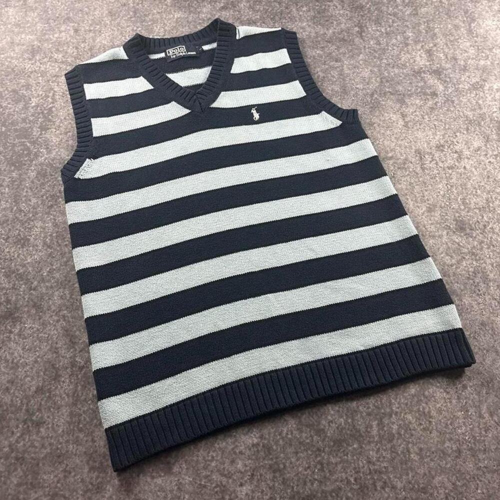 Vintage Polo Ralph Lauren Mens Large Navy Light Blue Striped V-Neck Sweater Vest